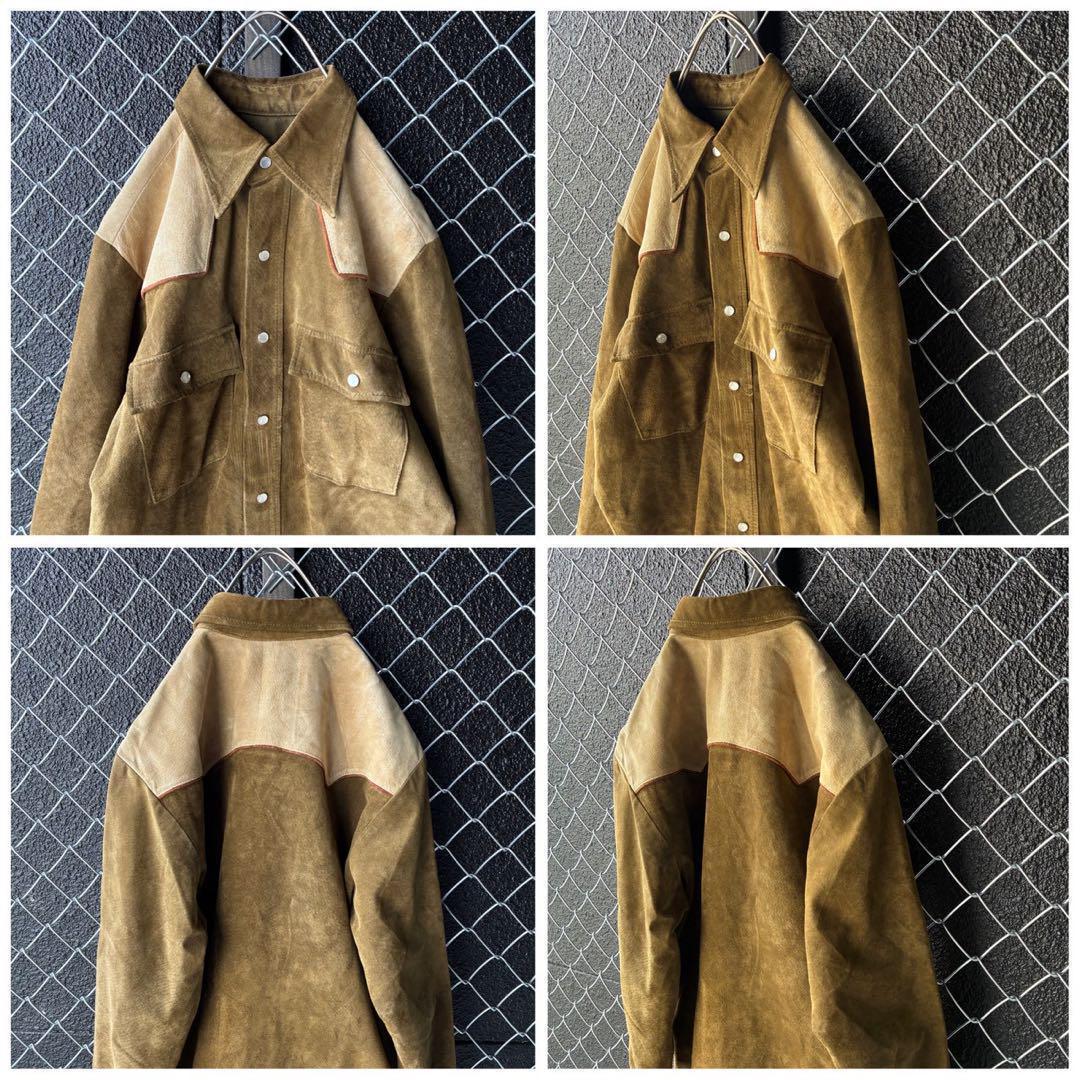 切替⭐︎レザーシャツ ジャケット 豚革 ボタン留め バイカラー 38 M〜L