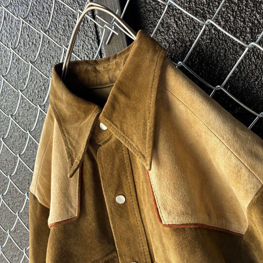 切替⭐︎レザーシャツ ジャケット 豚革 ボタン留め バイカラー 38 M〜L
