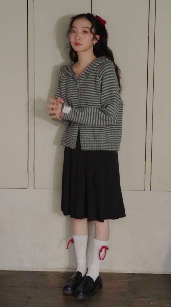 トップス Uenui border knit zip hoodie