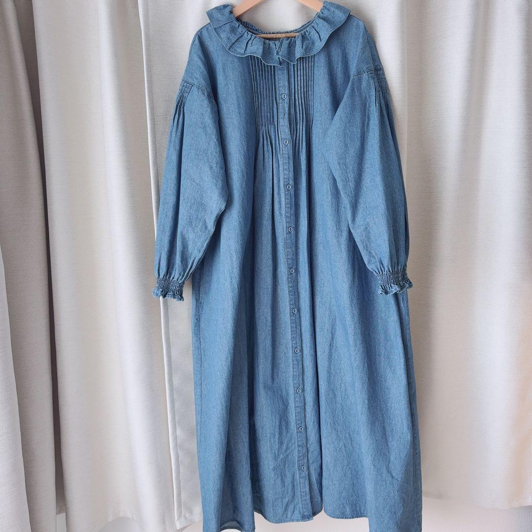 【kazumi×Samansa Mos2】フリルカラーワンピース　ブルー　M