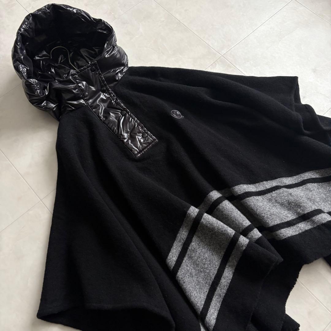 MONCLER ダウンフード付ポンチョケープ 黒 12A ウール混 M相当