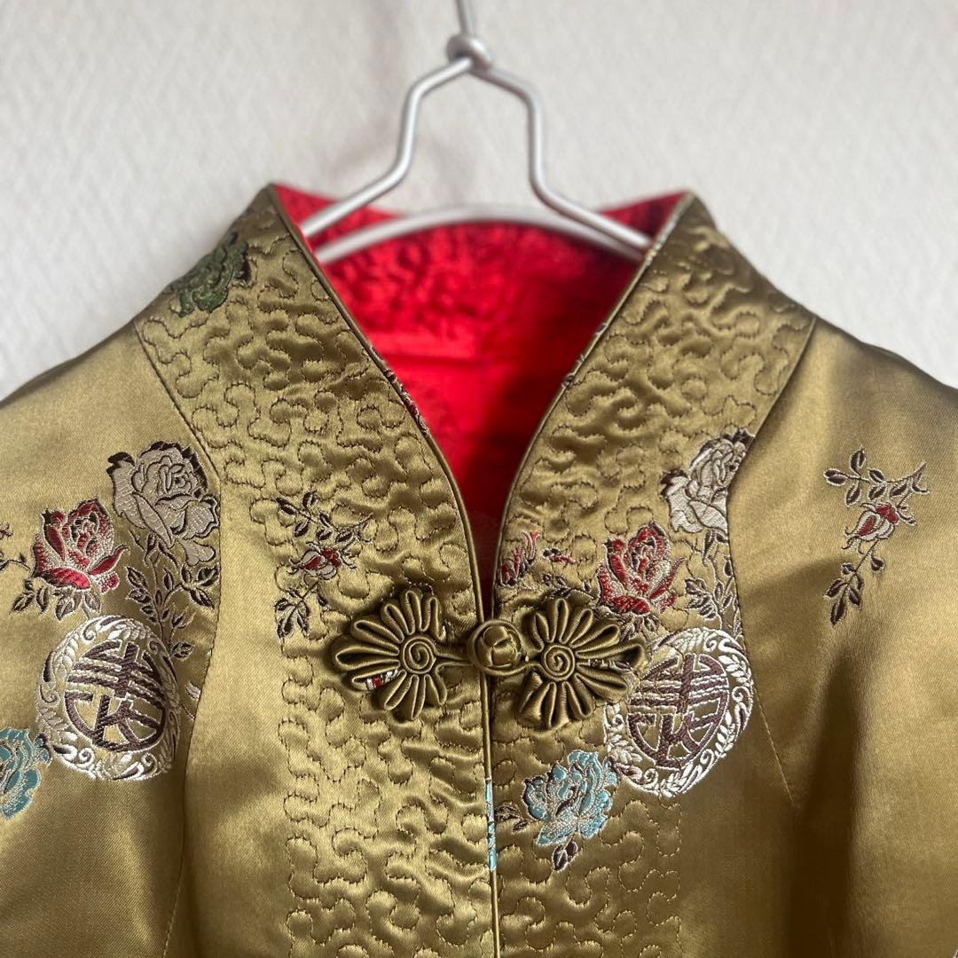 vintage チャイナジャケット リバーシブル サテン 古着 刺繍 赤 カーキ