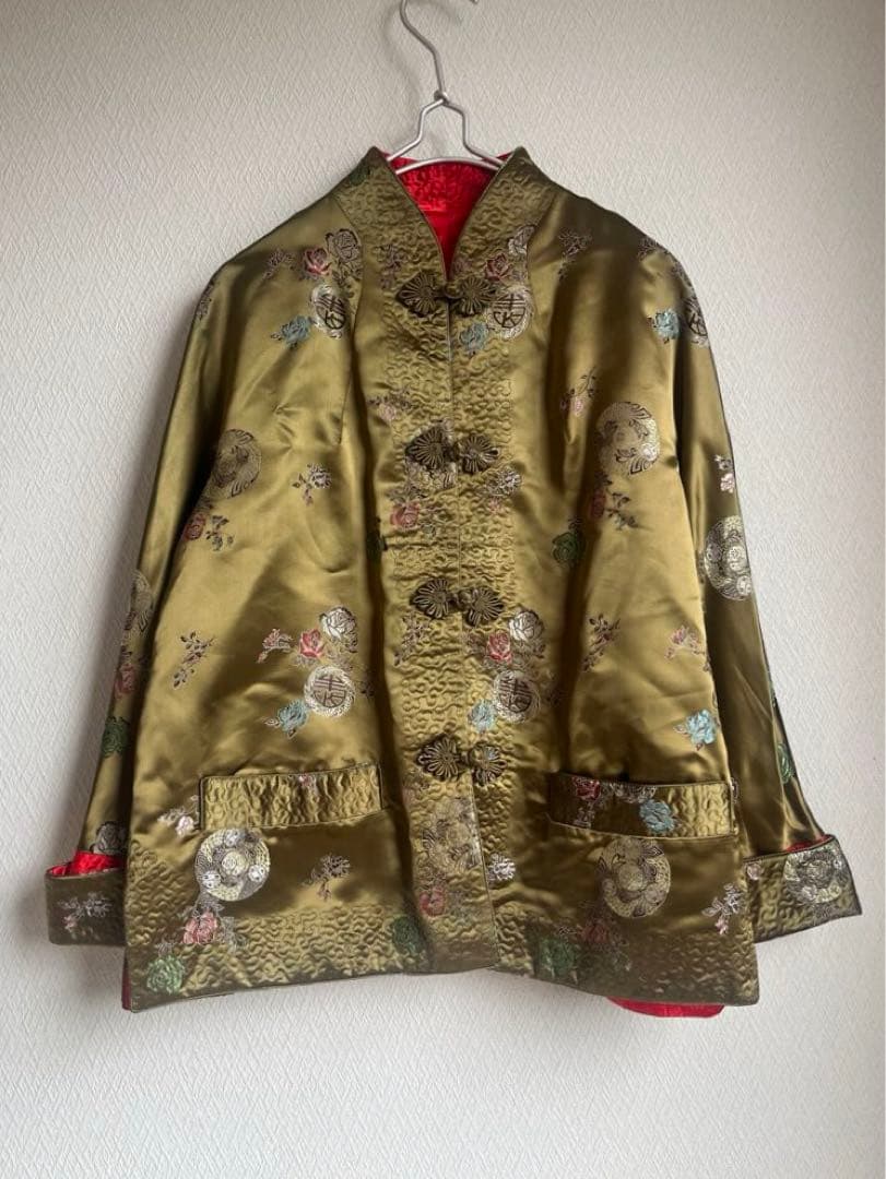 vintage チャイナジャケット リバーシブル サテン 古着 刺繍 赤 カーキ