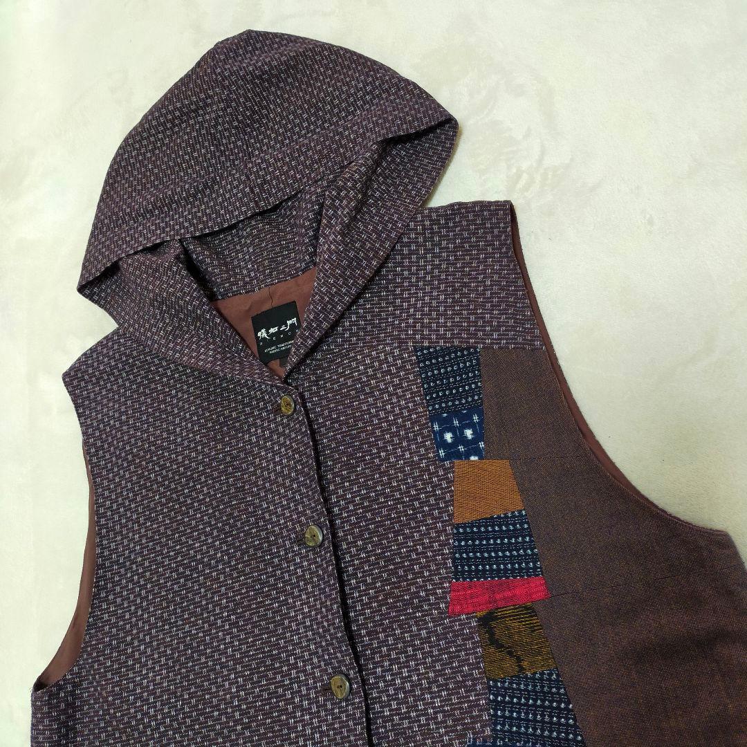 美品　儀右ヱ門　久留米絣　パッチワーク　フーデッドロングベスト