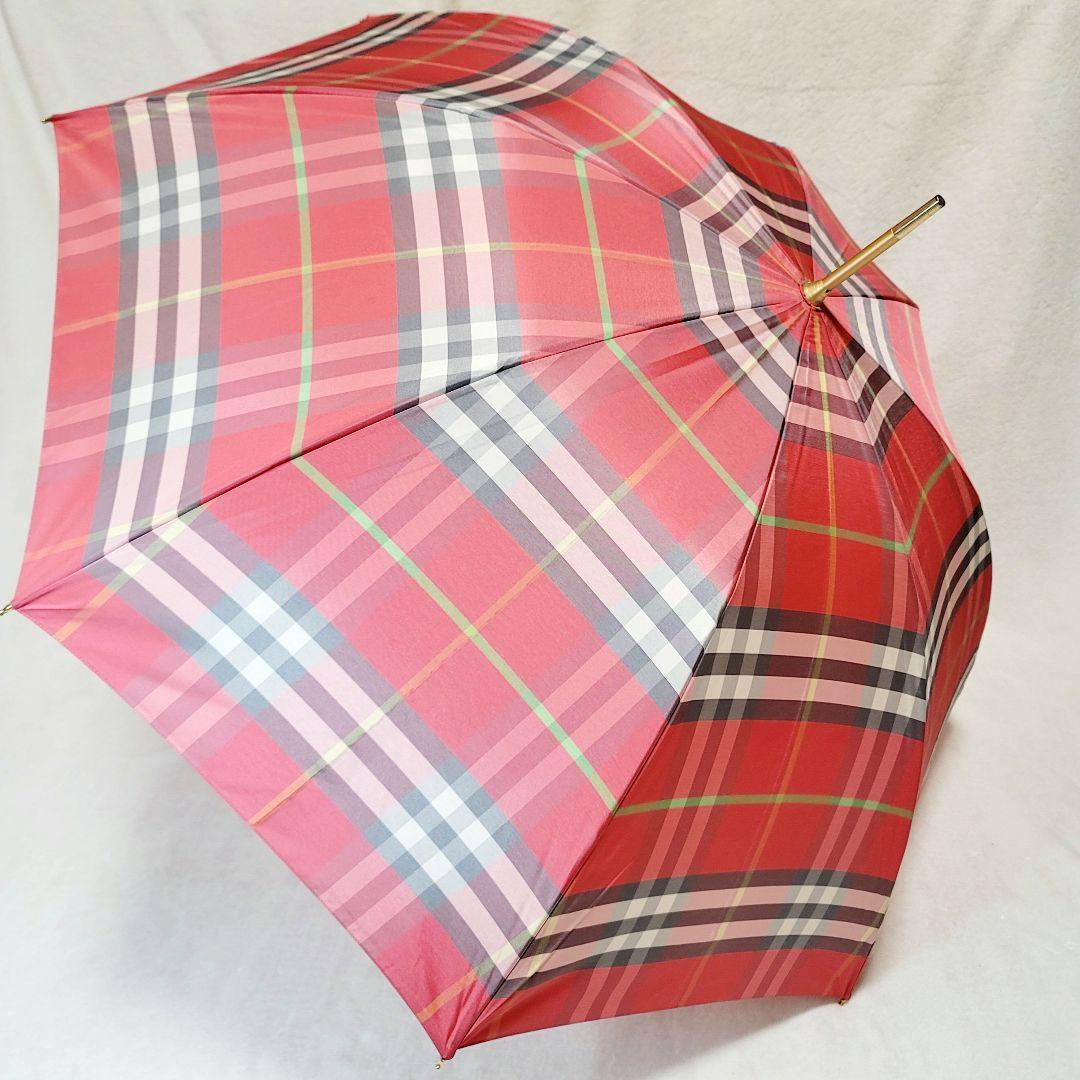 極美品BURBERRYバーバリーノバチェック柄ピンク&ゴールド雨傘長傘