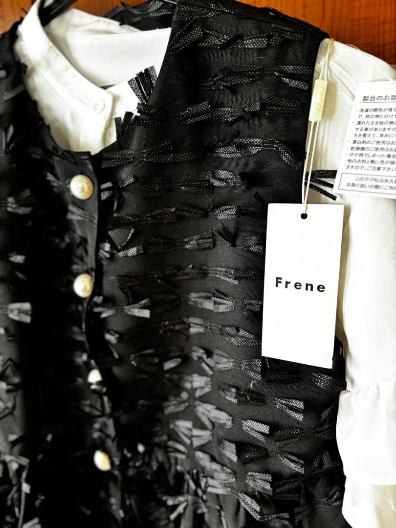 FRENE ノーカラーシャツ+リボンジレ