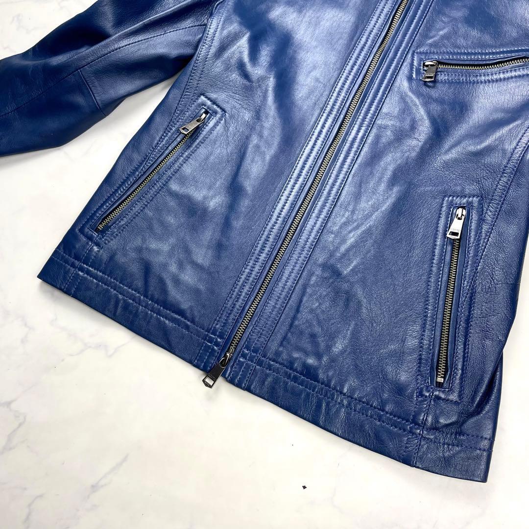 美品 バーバリーブラックレーベル レザージャケット　ライダース ノバチェック 青