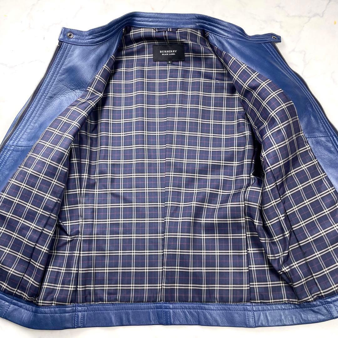 美品 バーバリーブラックレーベル レザージャケット　ライダース ノバチェック 青