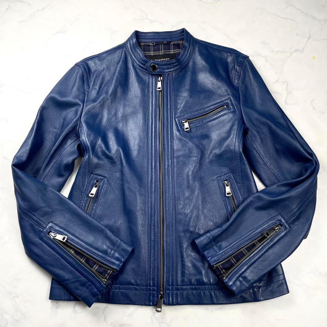 美品 バーバリーブラックレーベル レザージャケット　ライダース ノバチェック 青