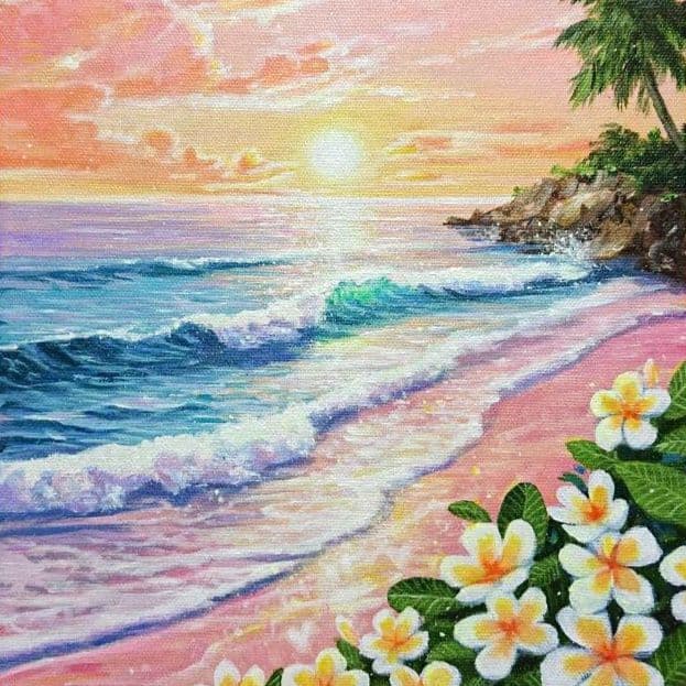 【夏の夕日】アクリル画 F3 風景画 絵画