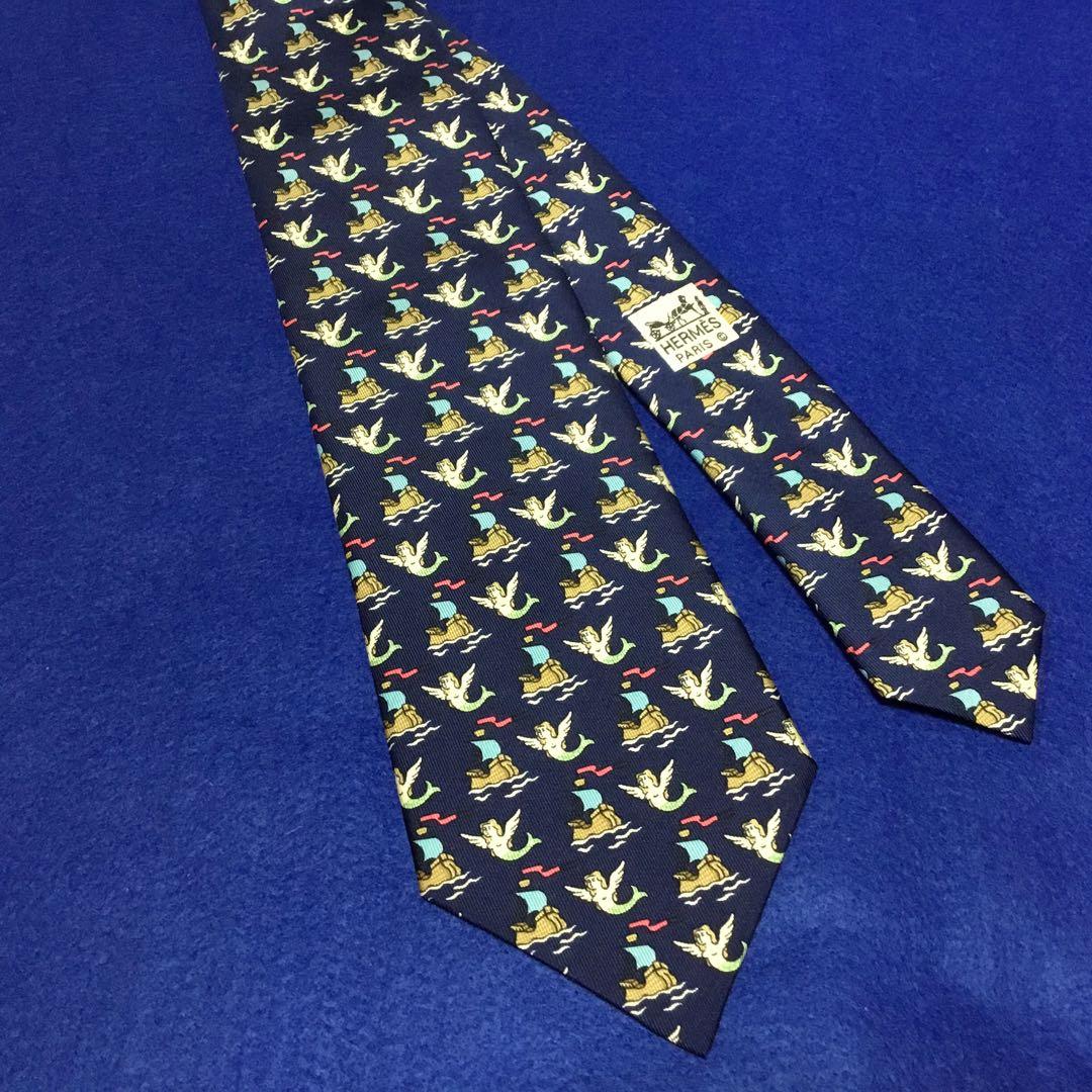 【未使用】エルメス　ネクタイ　ネイビー　帆船　人魚