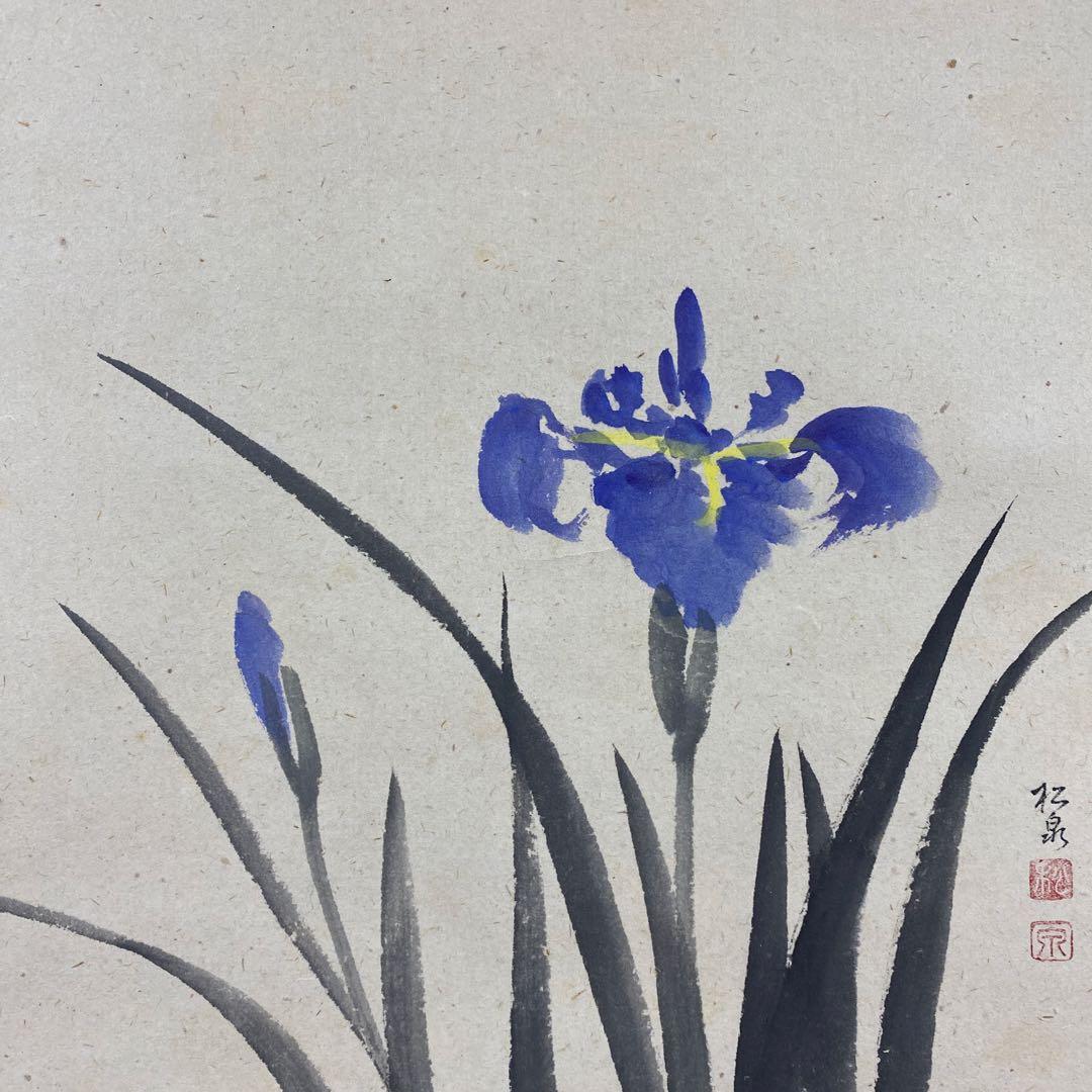美品 掛け軸 大徳寺 雪尾要道作 菖蒲画賛「青々翠」共箱 禅語 茶掛け