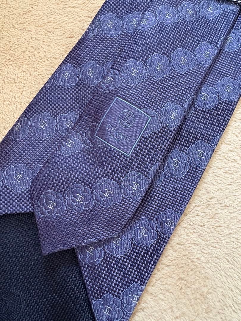 【美品】CHANEL ブルー　カメリア&ココマーク　ネクタイ