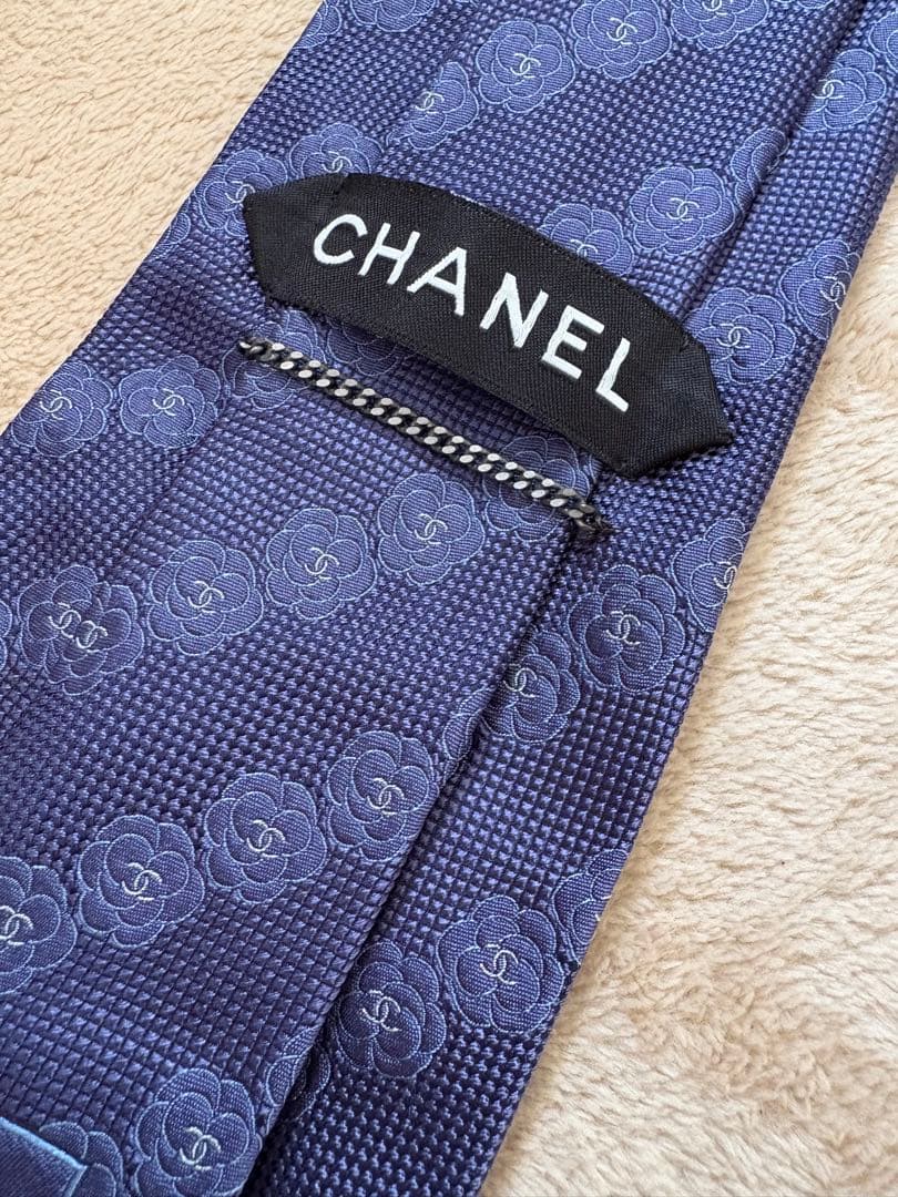 【美品】CHANEL ブルー　カメリア&ココマーク　ネクタイ