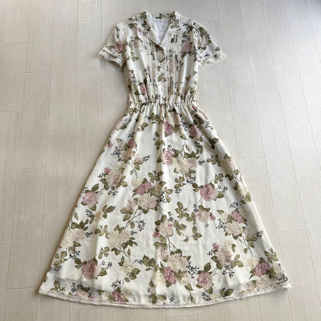 インゲボルグ 紫陽花 あじさい 花柄 ピンタック レース ポリ ワンピース