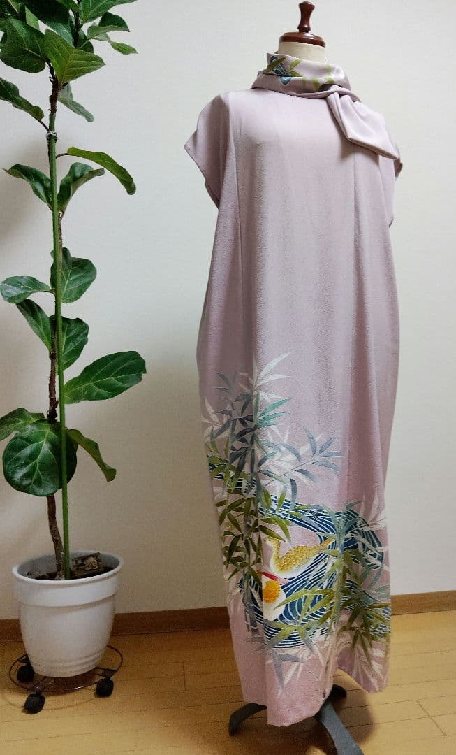 着物リメイク❀色留袖ドレスボレロ❀水鳥金彩正絹薄紫❀