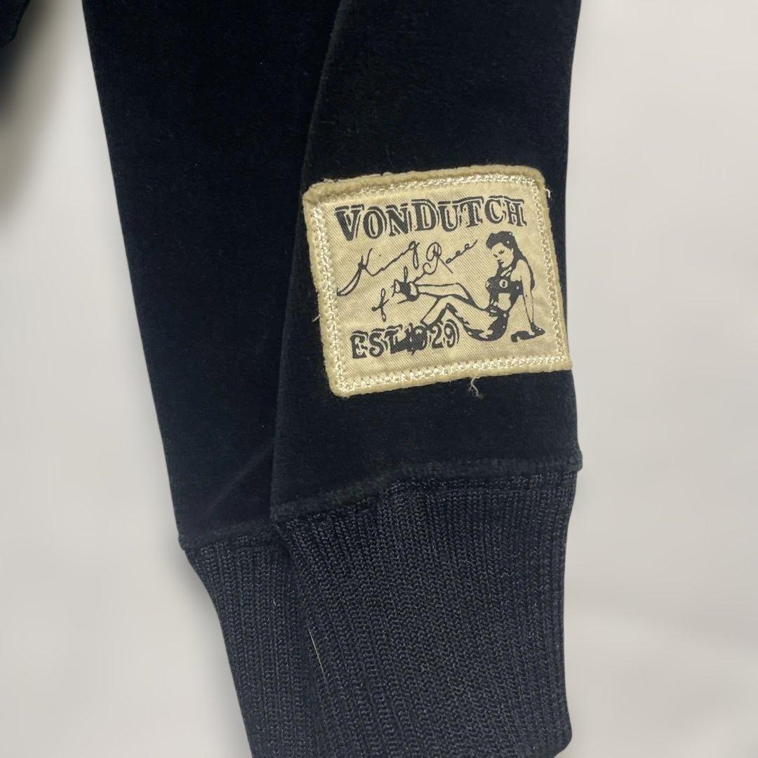 VON DUTCH ファー付きベルベットパーカー 刺繍ロゴ ブラック L Y2K