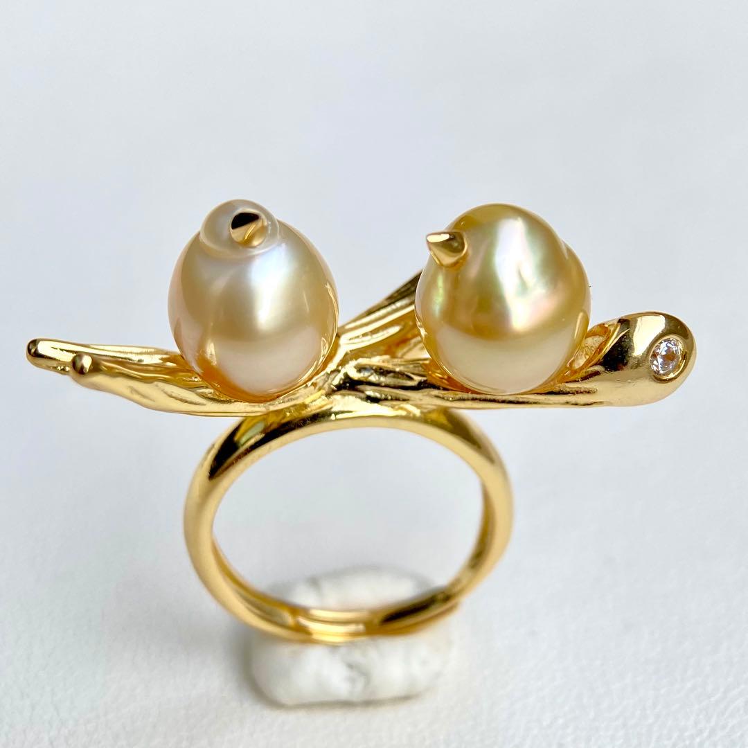 本真珠南洋白蝶真珠ゴールドと茶金「鳥と枝」s925リングY1055