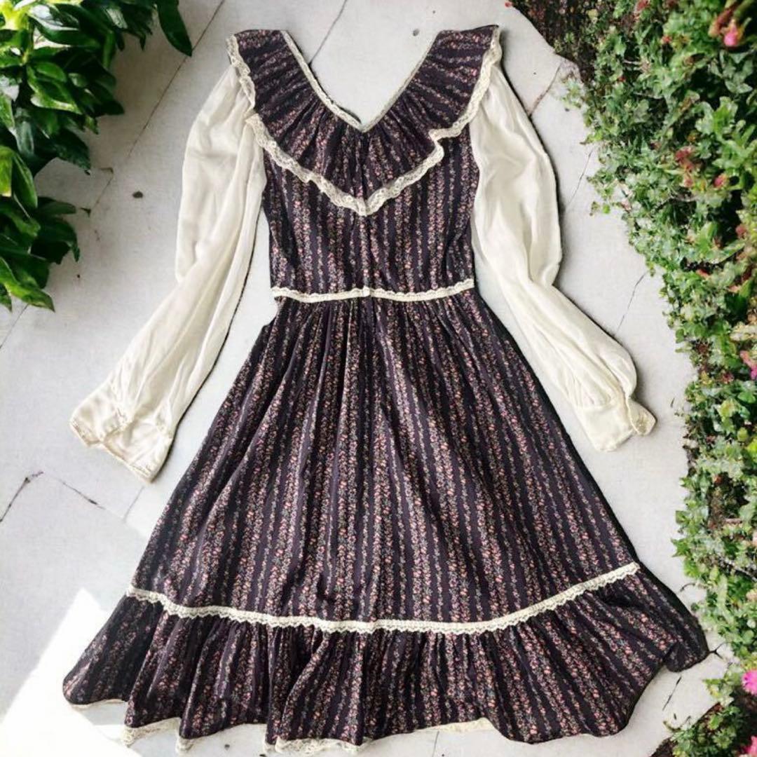 70's VINTAGEアメリカ購入ワンピース花柄フォークロアカントリー調古着