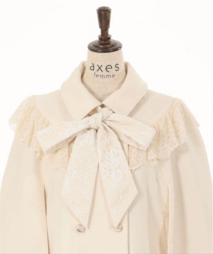 axes femme リボン付レースフリルコート 生成り