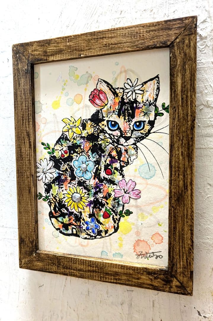 店頭販売で売れなければ特価✨　手作り額付き作品　title「まなざしニャンコ」