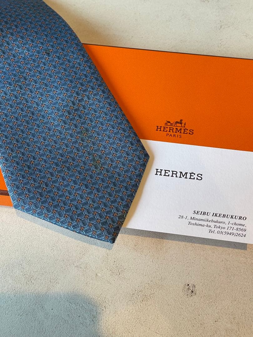 【美品】HERMES H総柄 シルクネクタイ スカイブルー　オレンジ
