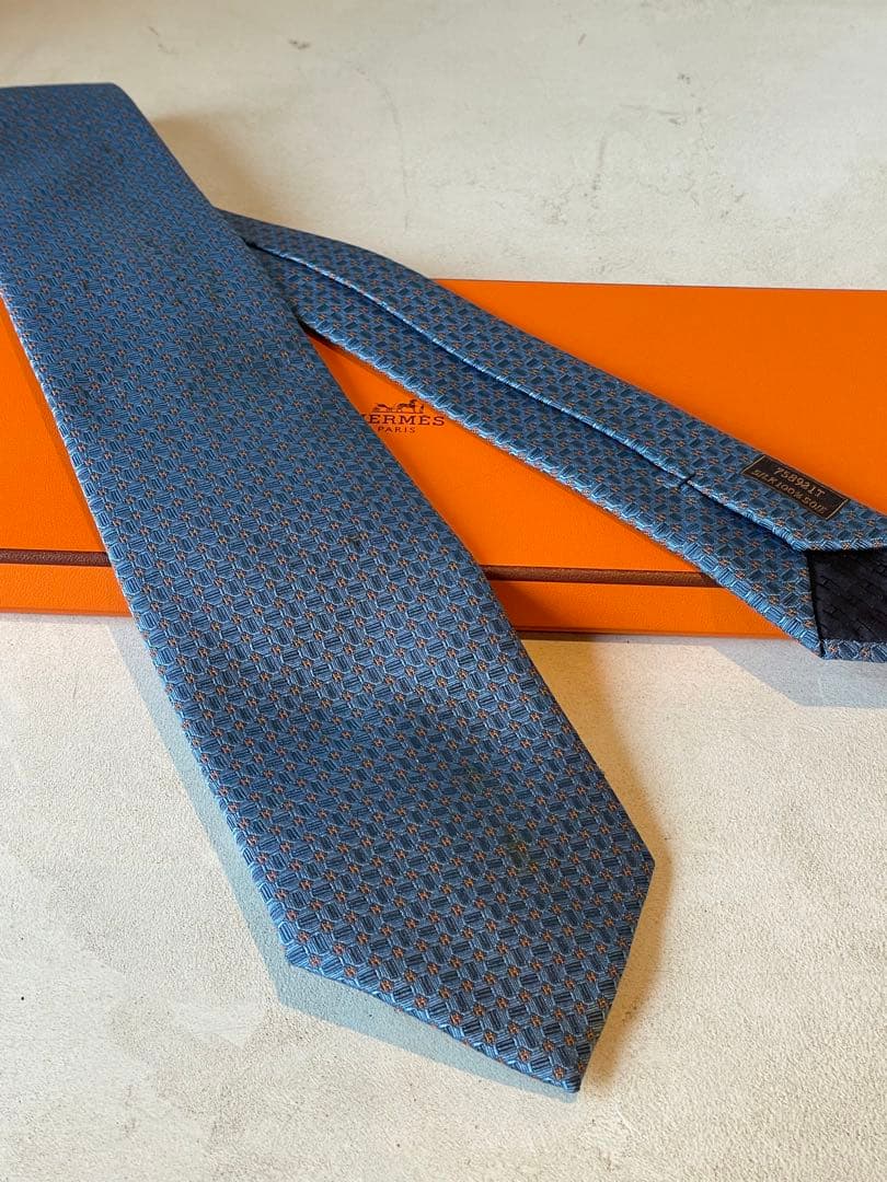 【美品】HERMES H総柄 シルクネクタイ スカイブルー　オレンジ