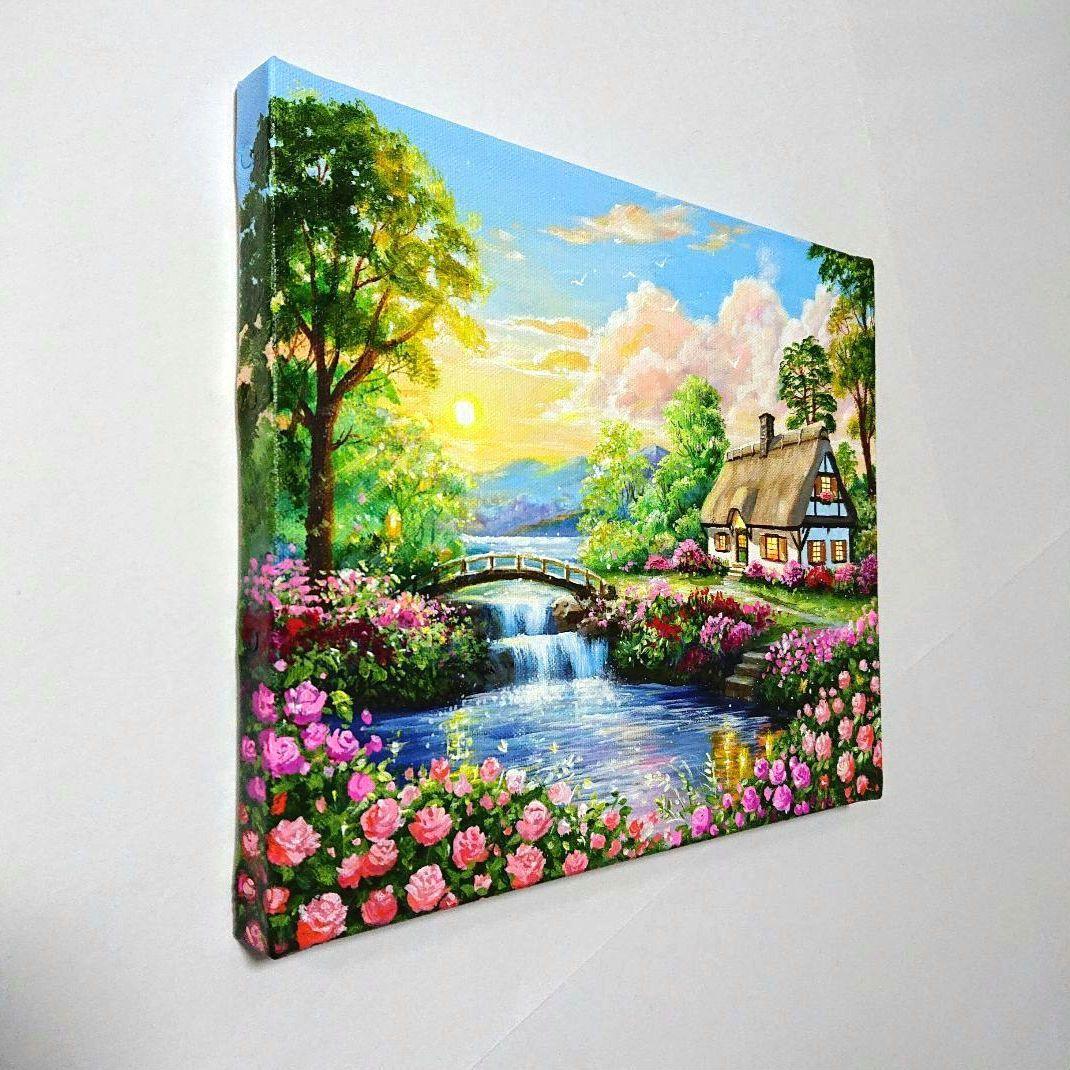 【薔薇が咲く頃】アクリル画 F3 風景画 絵画
