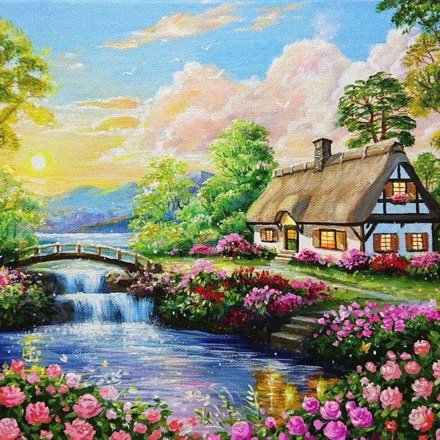 【薔薇が咲く頃】アクリル画 F3 風景画 絵画