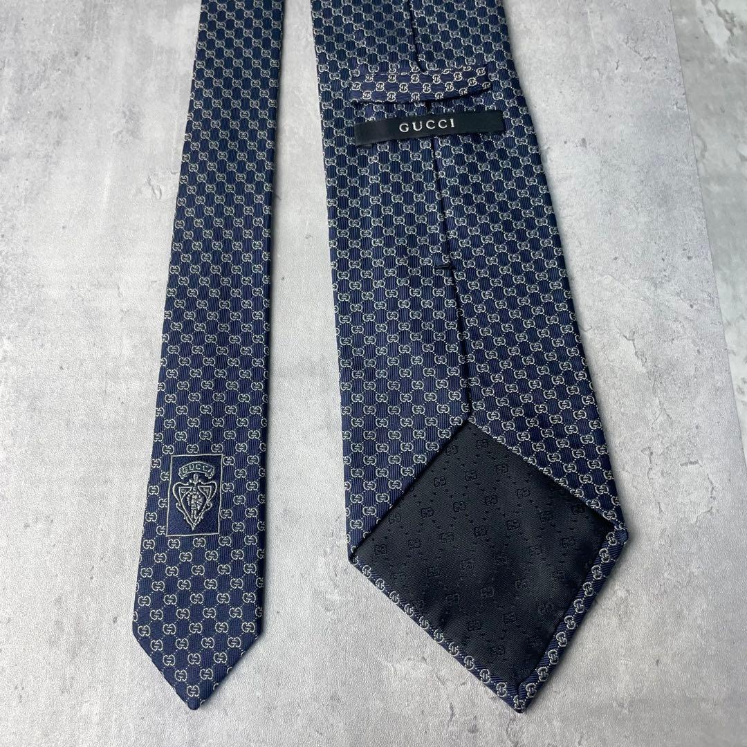 美品 GUCCI グッチ マイクロGG柄 総柄 ネクタイ ネイビー 紺