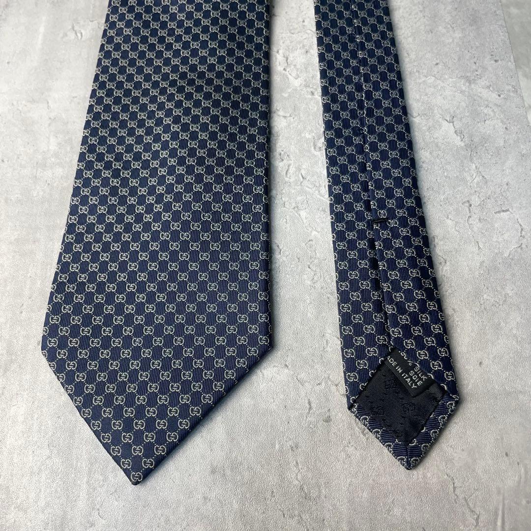 美品 GUCCI グッチ マイクロGG柄 総柄 ネクタイ ネイビー 紺