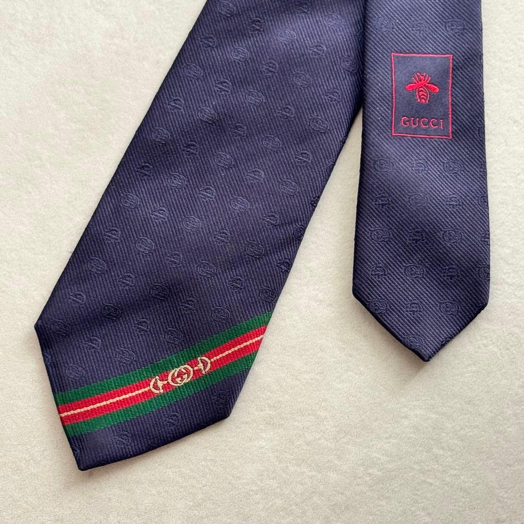 GUCCI ロゴ ネイビー シルク ネクタイ