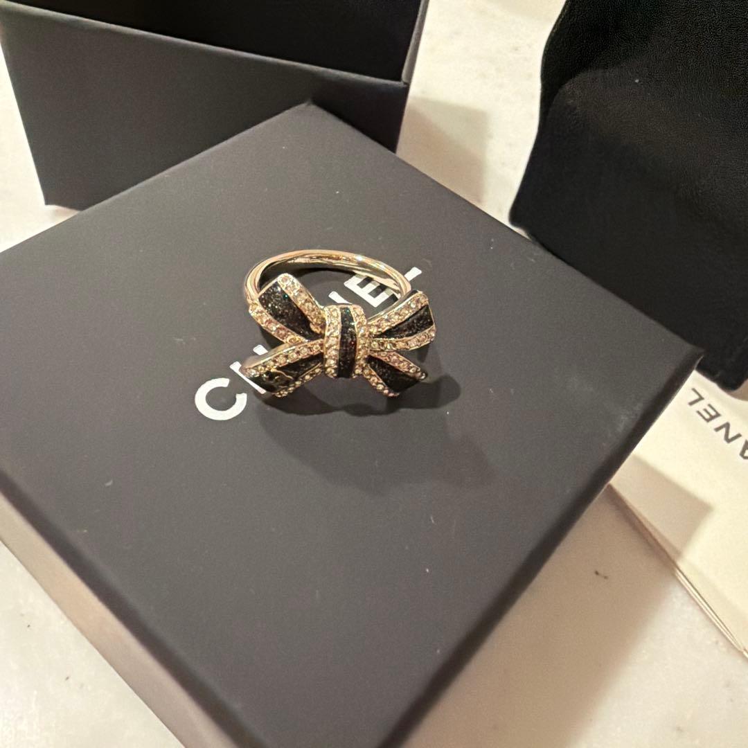 CHANEL リング　ブラック　リボン　キラキラ　25B