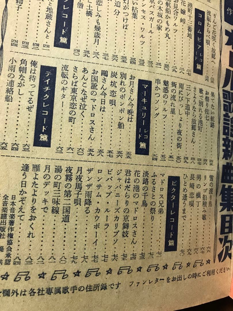 オール歌謡新曲集 明星付録 昭和32年　ファンレター宛先住所録付き　経年イタミ