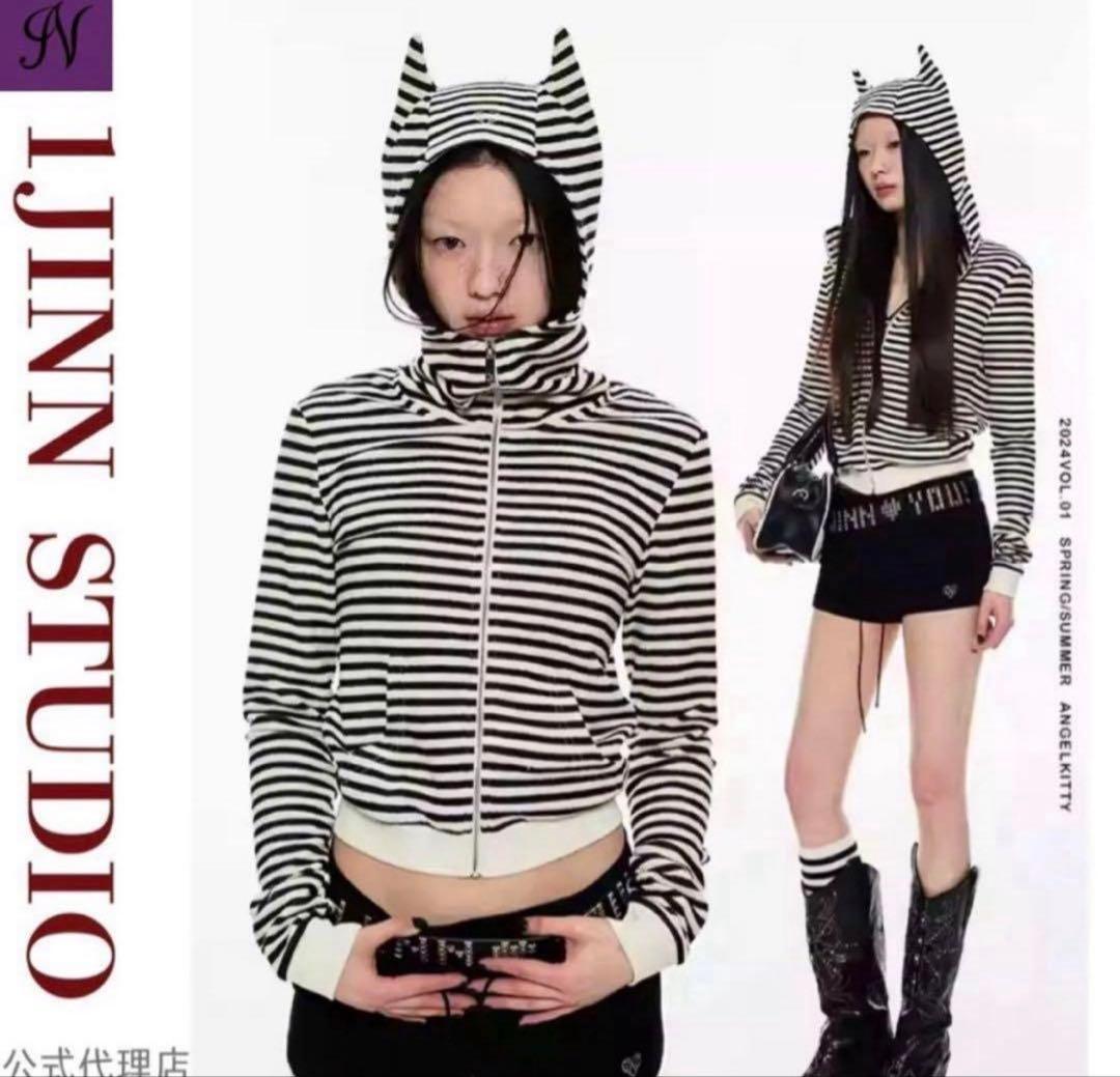 1jinnstudioストライプ 猫耳フード付きパーカー