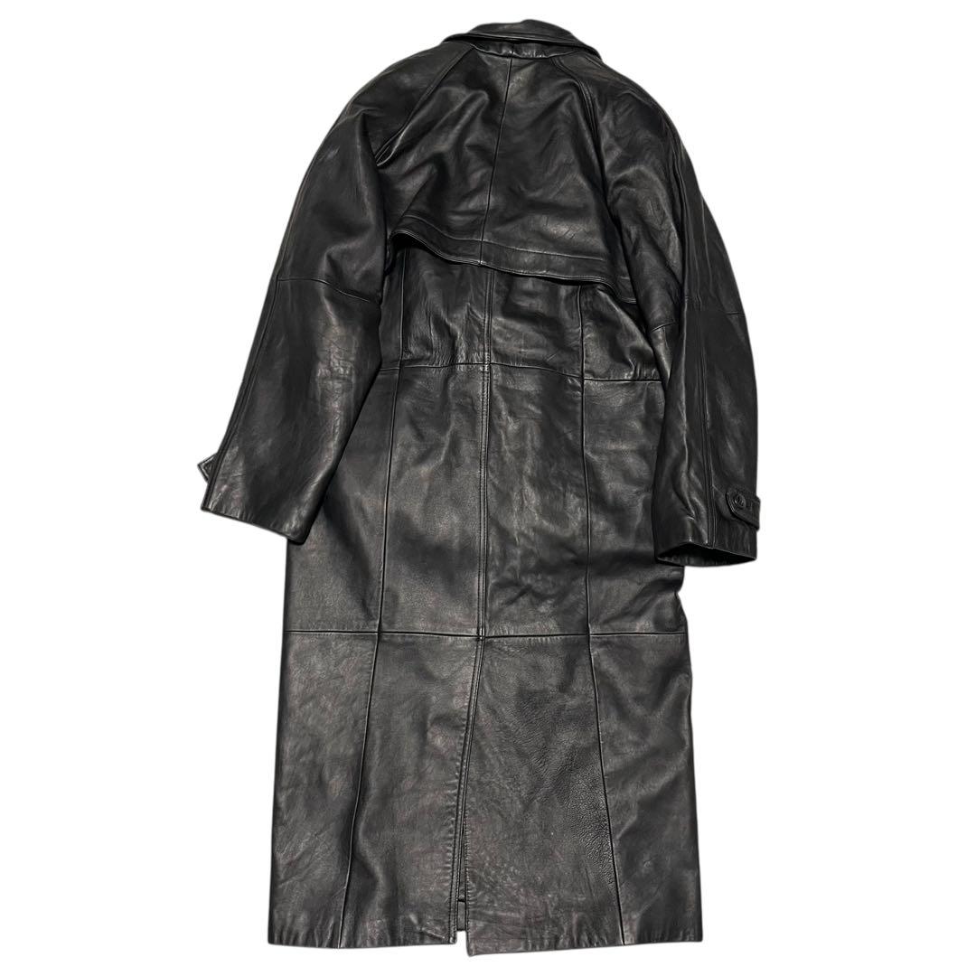 【ALAMO UOMO】羊革 本革ラムレザーマキシ丈ダブルチェスターコート 黒L