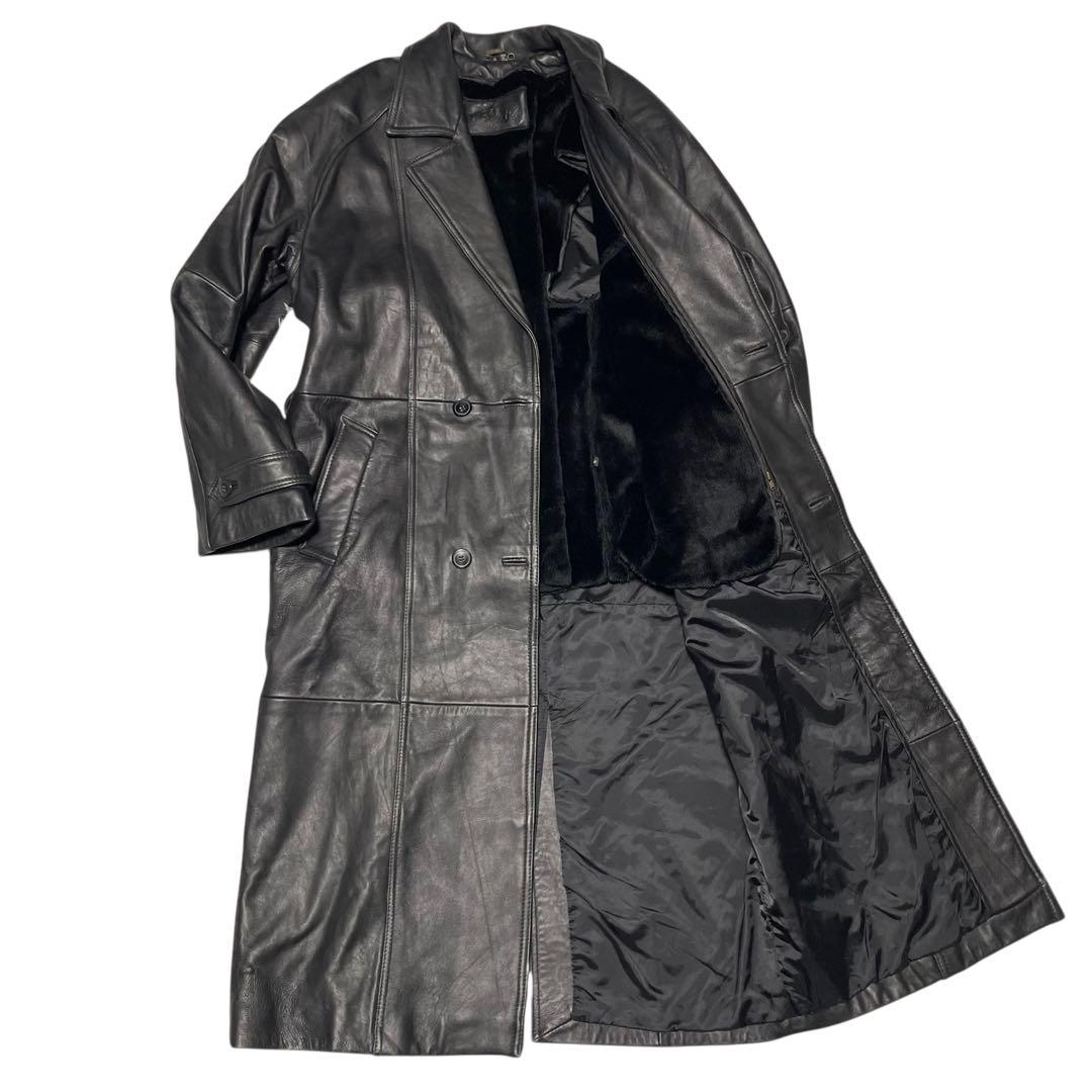 【ALAMO UOMO】羊革 本革ラムレザーマキシ丈ダブルチェスターコート 黒L