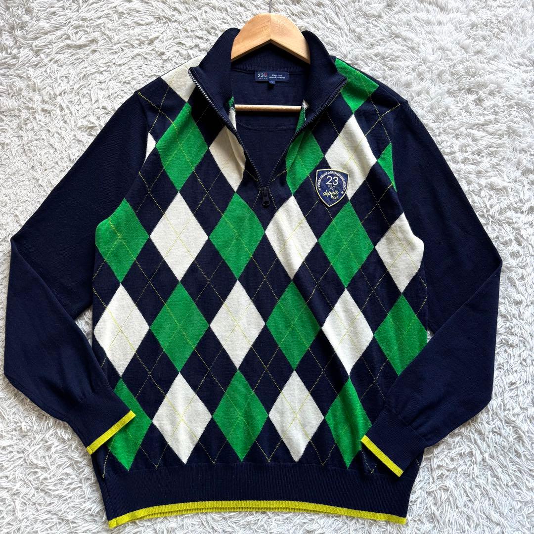 極美品　23区　ゴルフ　ハーフジップ　ニット　セーター　アーガイル　ワッペン　L