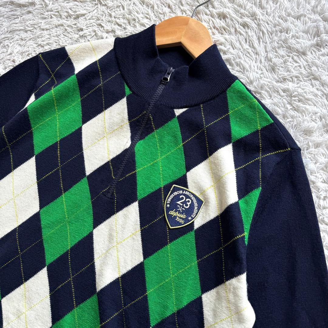 極美品　23区　ゴルフ　ハーフジップ　ニット　セーター　アーガイル　ワッペン　L