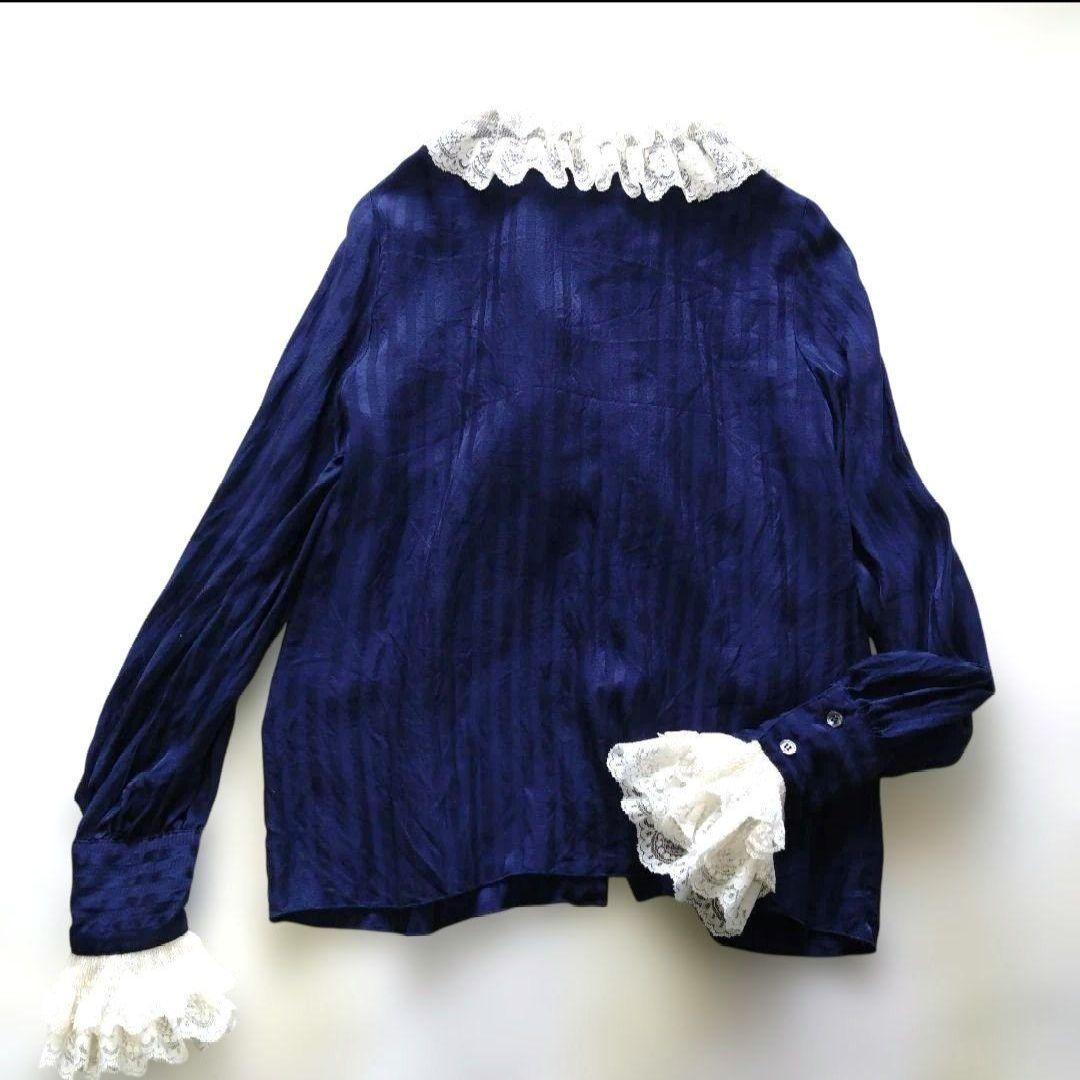 ANNA SUI アナスイ ネイビーシャツ フリル レース ストライプ シルク