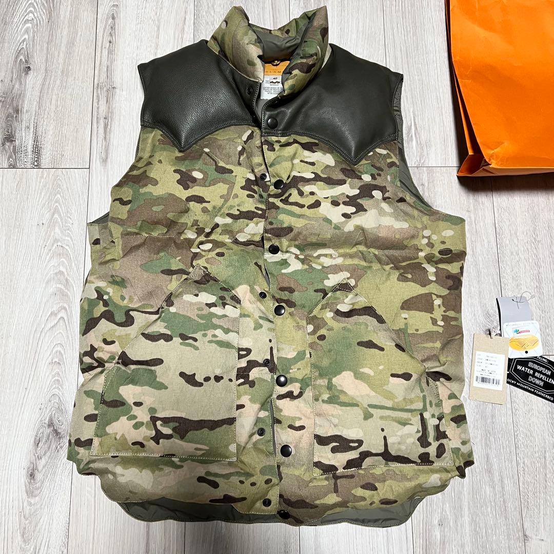 L XL ロッキーマウンテン×ビームス ダウンベスト 牛革 迷彩 日本製 カモ