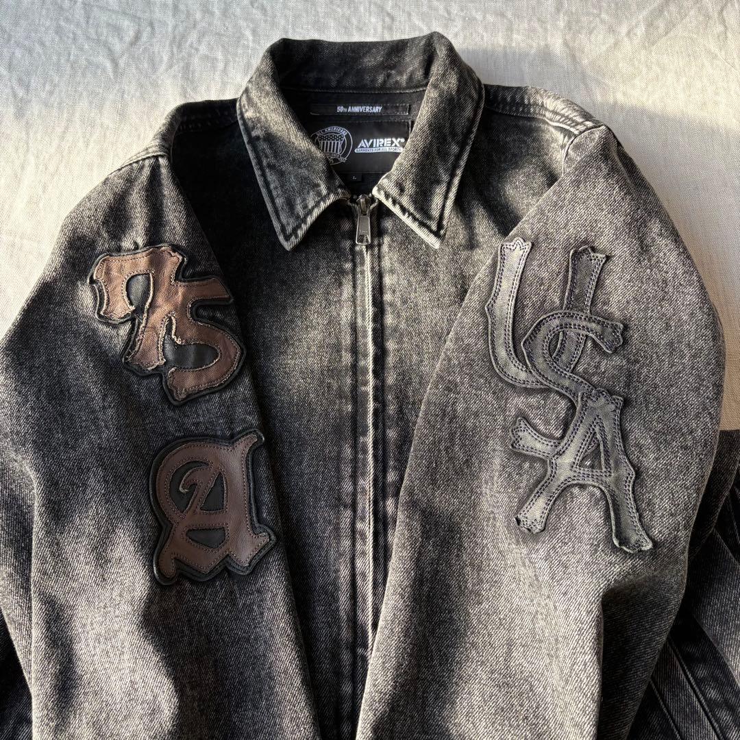 ジャケット・アウター AVIREX LEATHER PATCH DENIM JACKET BLACK