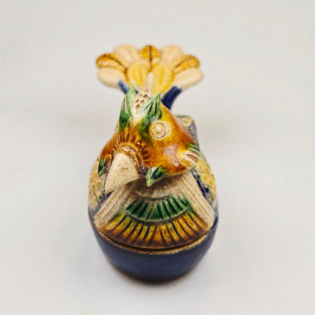 超レア 舶来品 中国古磁 唐三彩 堆彫 鳳鳥形 香合 茶道具 置物 文房具