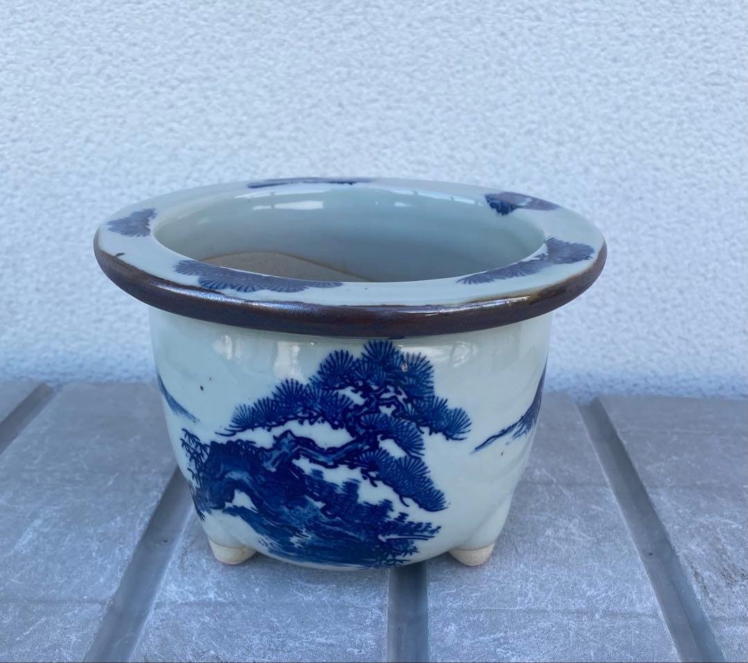 新品 瀬戸焼 染付け 丸形 植木鉢 盆栽鉢