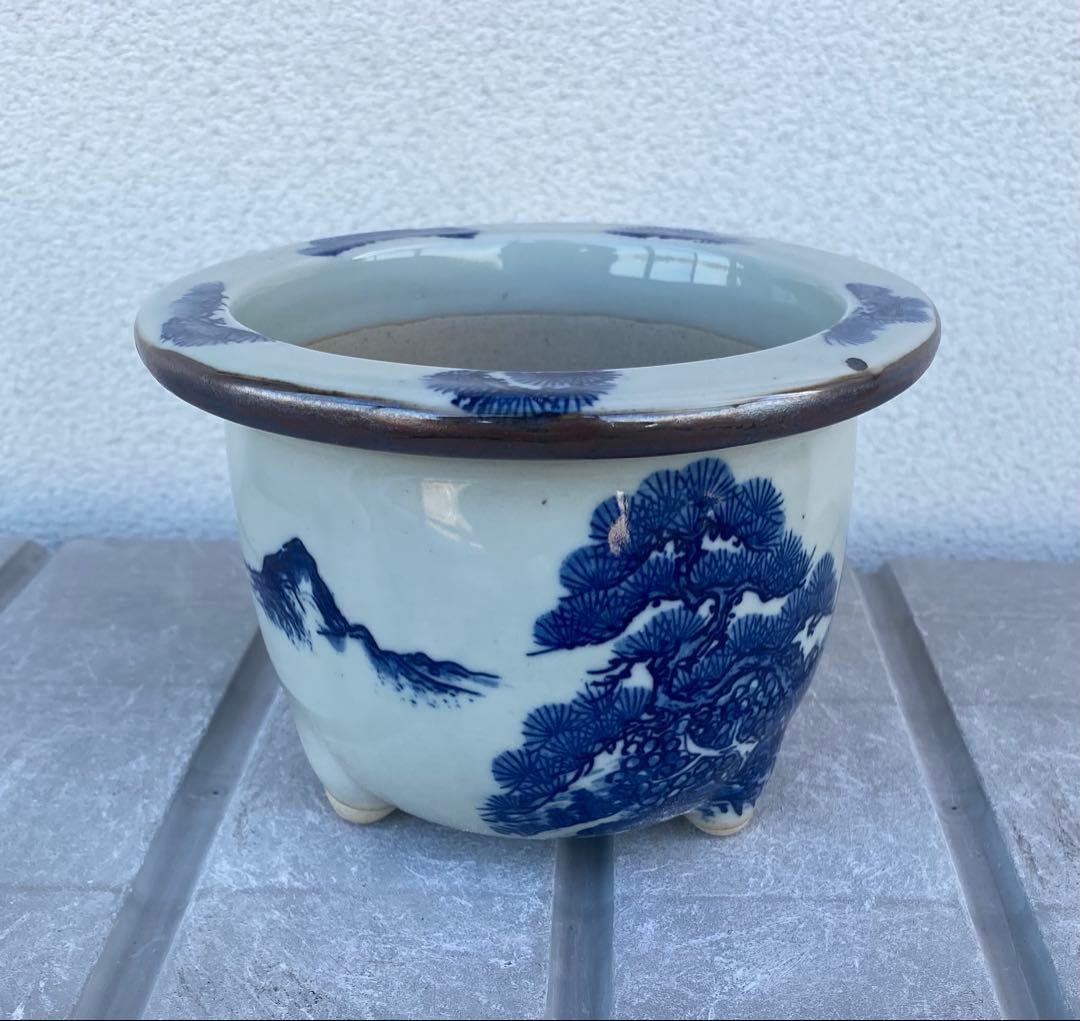 新品 瀬戸焼 染付け 丸形 植木鉢 盆栽鉢