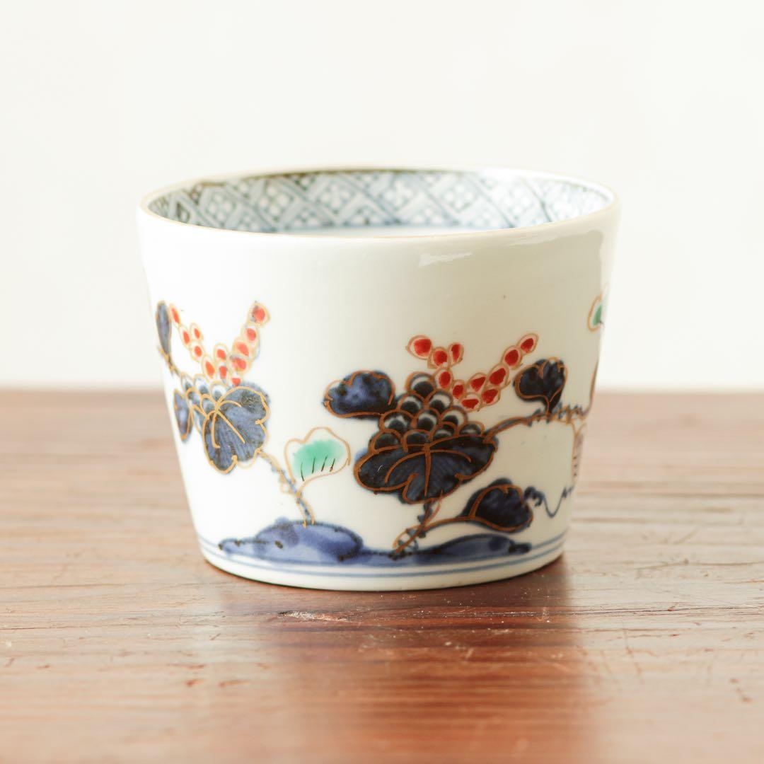 伊万里　古伊万里　江戸　後期　色絵　葡萄　蝶　蕎麦猪口　猪口　金継ぎ　材料