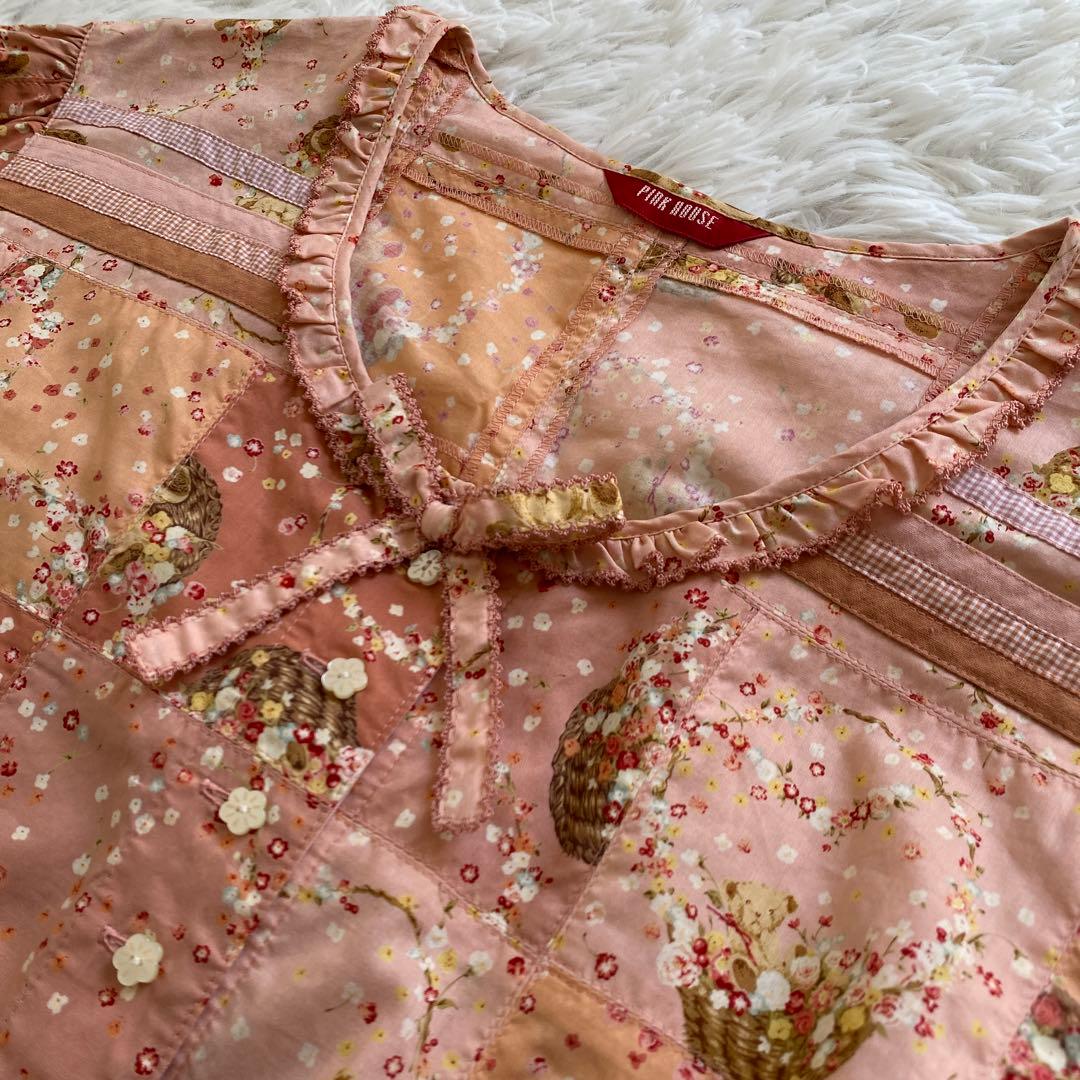 PINK HOUSEピンクハウス☆半袖コットンワンピース くま 花カゴ