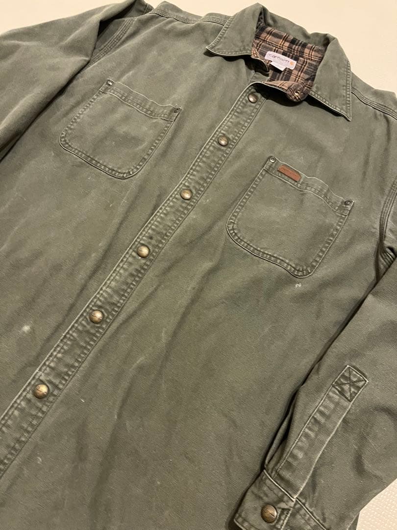 【美品】カーハート 90sフランネル裏地 厚手シャツジャケット モスグリーン L