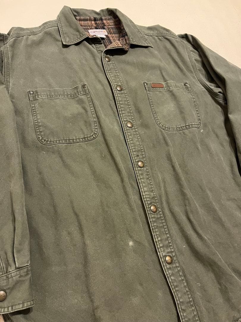 【美品】カーハート 90sフランネル裏地 厚手シャツジャケット モスグリーン L