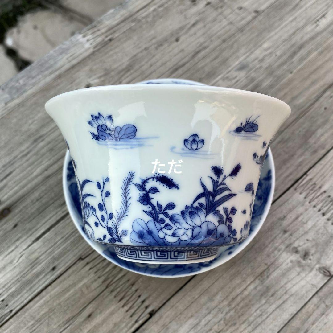 中国茶器 青花磁器蓮池情趣蓋碗 茶 碗煎茶器 未使用品